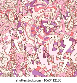 Tracery seamless pattern. Mehndi design. Ethnic colorful doodle texture. Curved doodling background. Vector