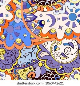 Tracery seamless pattern. Mehndi design. Ethnic colorful doodle texture. Curved doodling background. Vector