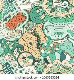 Tracery seamless pattern. Mehndi design. Ethnic colorful doodle texture. Curved doodling background. Vector