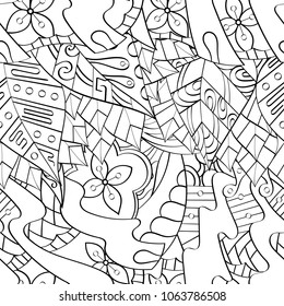 Tracery seamless pattern. Mehndi design. Ethnic monochrome binary doodle texture. Curved doodling black and white background. Vector