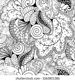 Tracery seamless pattern. Mehndi design. Ethnic monochrome binary doodle texture. Curved doodling black and white background. Vector