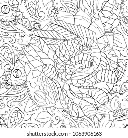 Tracery seamless pattern. Mehndi design. Ethnic monochrome binary doodle texture. Curved doodling black and white background. Vector