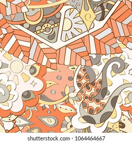 Tracery seamless pattern. Mehndi design. Ethnic colorful doodle texture. Curved doodling background. Vector