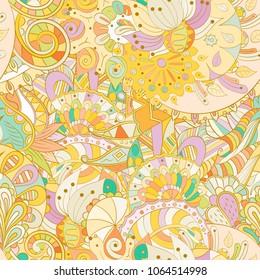 Tracery seamless pattern. Mehndi design. Ethnic colorful doodle texture. Curved doodling background. Vector