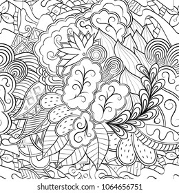 Tracery seamless pattern. Mehndi design. Ethnic monochrome binary doodle texture. Curved doodling black and white background. Vector