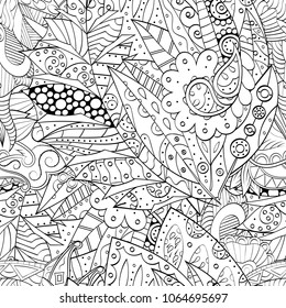 Tracery seamless pattern. Mehndi design. Ethnic monochrome binary doodle texture. Curved doodling black and white background. Vector