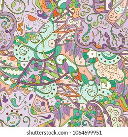 Tracery seamless pattern. Mehndi design. Ethnic colorful doodle texture. Curved doodling background. Vector