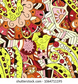 Tracery seamless pattern. Mehndi design. Ethnic colorful doodle texture. Curved doodling background. Vector