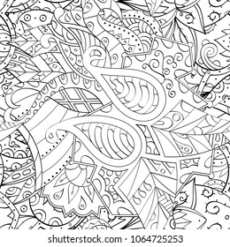 Tracery seamless pattern. Mehndi design. Ethnic monochrome binary doodle texture. Curved doodling black and white background. Vector
