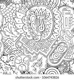 Tracery seamless pattern. Mehndi design. Ethnic monochrome binary doodle texture. Curved doodling black and white background. Vector