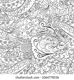 Tracery seamless pattern. Mehndi design. Ethnic monochrome binary doodle texture. Curved doodling black and white background. Vector