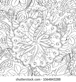 Tracery seamless pattern. Mehndi design. Ethnic monochrome binary doodle texture. Curved doodling black and white background. Vector