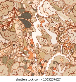 Tracery seamless pattern. Mehndi design. Ethnic colorful doodle texture. Curved doodling background. Vector