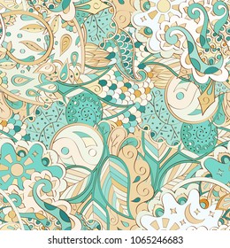 Tracery seamless pattern. Mehndi design. Ethnic colorful doodle texture. Curved doodling background. Vector