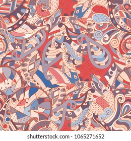 Tracery seamless pattern. Mehndi design. Ethnic colorful doodle texture. Curved doodling background. Vector