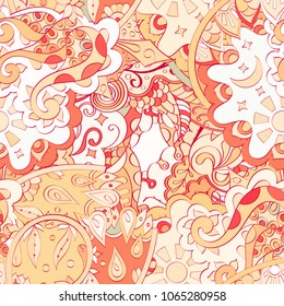 Tracery seamless pattern. Mehndi design. Ethnic colorful doodle texture. Curved doodling background. Vector