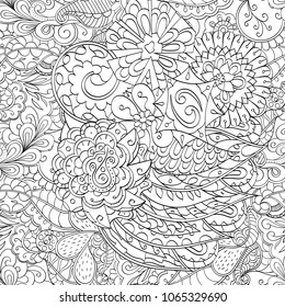 Tracery seamless pattern. Mehndi design. Ethnic monochrome binary doodle texture. Curved doodling black and white background. Vector