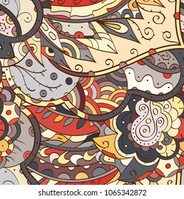 Tracery seamless pattern. Mehndi design. Ethnic colorful doodle texture. Curved doodling background. Vector