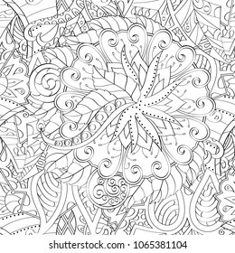 Tracery seamless pattern. Mehndi design. Ethnic monochrome binary doodle texture. Curved doodling black and white background. Vector
