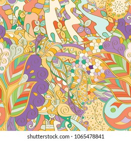 Tracery seamless pattern. Mehndi design. Ethnic colorful doodle texture. Curved doodling background. Vector
