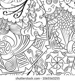 Tracery seamless pattern. Mehndi design. Ethnic monochrome binary doodle texture. Curved doodling black and white background. Vector