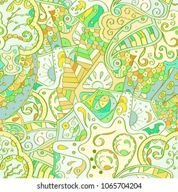 Tracery seamless pattern. Mehndi design. Ethnic colorful doodle texture. Curved doodling background. Vector