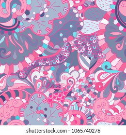 Tracery seamless pattern. Mehndi design. Ethnic colorful doodle texture. Curved doodling background. Vector