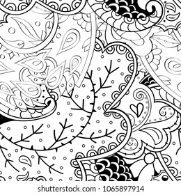 Tracery seamless pattern. Mehndi design. Ethnic monochrome binary doodle texture. Curved doodling black and white background. Vector