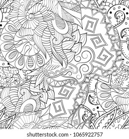 Tracery seamless pattern. Mehndi design. Ethnic monochrome binary doodle texture. Curved doodling black and white background. Vector