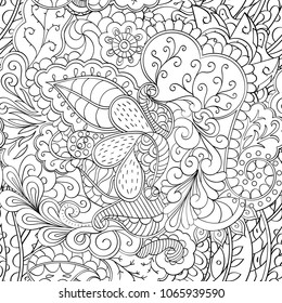 Tracery seamless pattern. Mehndi design. Ethnic monochrome binary doodle texture. Curved doodling black and white background. Vector