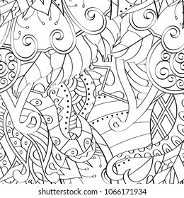 Tracery seamless pattern. Mehndi design. Ethnic monochrome binary doodle texture. Curved doodling black and white background. Vector