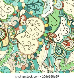 Tracery seamless pattern. Mehndi design. Ethnic colorful doodle texture. Curved doodling background. Vector