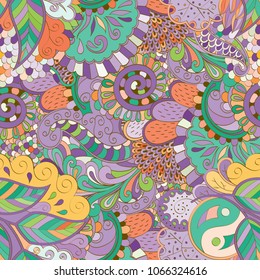 Tracery seamless pattern. Mehndi design. Ethnic colorful doodle texture. Curved doodling background. Vector
