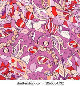 Tracery seamless pattern. Mehndi design. Ethnic colorful doodle texture. Curved doodling background. Vector