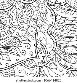 Tracery seamless pattern. Mehndi design. Ethnic monochrome binary doodle texture. Curved doodling black and white background. Vector