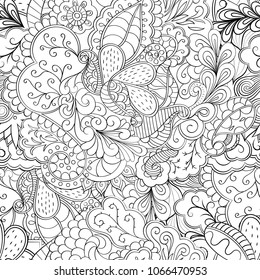 Tracery seamless pattern. Mehndi design. Ethnic monochrome binary doodle texture. Curved doodling black and white background. Vector