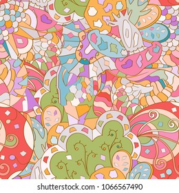 Tracery seamless pattern. Mehndi design. Ethnic colorful doodle texture. Curved doodling background. Vector