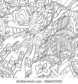 Tracery seamless pattern. Mehndi design. Ethnic monochrome binary doodle texture. Curved doodling black and white background. Vector