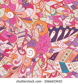 Tracery seamless pattern. Mehndi design. Ethnic colorful doodle texture. Curved doodling background. Vector