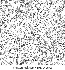 Tracery seamless pattern. Mehndi design. Ethnic monochrome binary doodle texture. Curved doodling black and white background. Vector