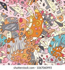Tracery seamless pattern. Mehndi design. Ethnic colorful doodle texture. Curved doodling background. Vector