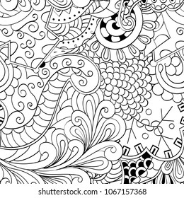 Tracery seamless pattern. Mehndi design. Ethnic monochrome binary doodle texture. Curved doodling black and white background. Vector