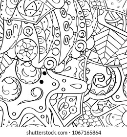 Tracery seamless pattern. Mehndi design. Ethnic monochrome binary doodle texture. Curved doodling black and white background. Vector