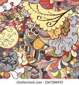 Tracery seamless pattern. Mehndi design. Ethnic colorful doodle texture. Curved doodling background. Vector