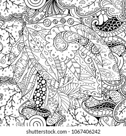Tracery seamless pattern. Mehndi design. Ethnic monochrome binary doodle texture. Curved doodling black and white background. Vector