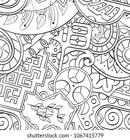 Tracery seamless pattern. Mehndi design. Ethnic monochrome binary doodle texture. Curved doodling black and white background. Vector