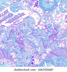 Tracery seamless pattern. Mehndi design. Ethnic colorful doodle texture. Curved doodling background. Vector