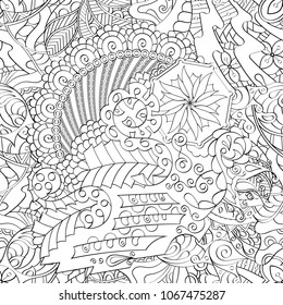 Tracery seamless pattern. Mehndi design. Ethnic monochrome binary doodle texture. Curved doodling black and white background. Vector