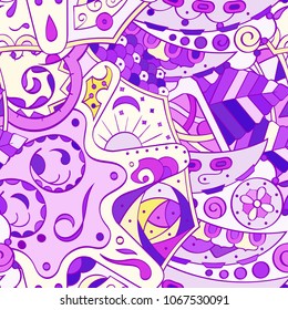 Tracery seamless pattern. Mehndi design. Ethnic colorful doodle texture. Curved doodling background. Vector