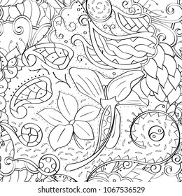 Tracery seamless pattern. Mehndi design. Ethnic monochrome binary doodle texture. Curved doodling black and white background. Vector